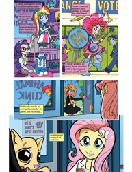 Size: 612x792 | Tagged: safe, artist:greatdinn, artist:newbiespud, derpibooru import, edit, idw, babs seed, fluttershy, pinkie pie, rainbow dash, rarity, sunflower (character), dog, collaboration, comic:friendship is dragons, equestria girls, spoiler:comic, chihuahua, clothes, comic, dialogue, drums, female, hairpin, heatstroke, locker, musical instrument, one man band