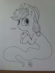 Size: 960x1280 | Tagged: safe, artist:notenoughapples, applejack, earth pony, ghost, ghost pony, pony, apple, monochrome, solo, spooky, spoopy, traditional art