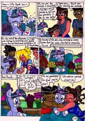 Size: 1375x1950 | Tagged: safe, artist:newyorkx3, derpibooru import, twilight sparkle, twilight sparkle (alicorn), oc, oc:crystal, oc:sonia, alicorn, human, pony, comic:twilight and the big city, comic, female, mare, non-mlp oc, traditional art