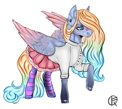 Size: 1170x1049 | Tagged: safe, alternate version, artist:liamruko, oc, oc only, pegasus, pony, blouse, chest fluff, clothes, colored wings, ear fluff, ear piercing, earring, eyeshadow, female, frown, jewelry, makeup, mare, multicolored hair, piercing, raised hoof, signature, simple background, skirt, socks, solo, spread wings, stockings, striped socks, thigh highs, unnamed oc, white background, wings