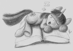 Size: 1229x855 | Tagged: safe, artist:goldnretriever, derpibooru import, twilight sparkle, book, grayscale, monochrome, sleeping, solo, traditional art