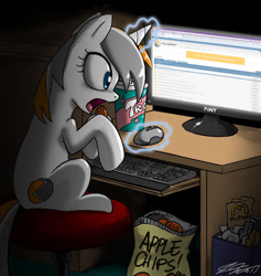 Size: 900x950 | Tagged: safe, artist:johnjoseco, oc, oc:belle eve, pony, belle eve, chips, computer, mascot, neogaf, ponified