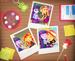 Size: 5498x4412 | Tagged: safe, artist:invisibleink, sunset shimmer, twilight sparkle, frog, better together, equestria girls, equestria girls (movie), amusement park, cafeteria, clothes, drink, festival, friendship, holding hands, hug, paintbrush, pencil, phone, photography, smiling, sticky note