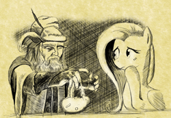 Size: 1812x1256 | Tagged: safe, artist:sirustalcelion, fluttershy, hedgehog, human, pegasus, pony, crossover, duo, female, healing, lord of the rings, magic, mare, monochrome, radagast, shipping, the hobbit, worried