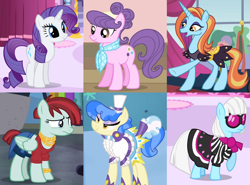 Size: 1744x1288 | Tagged: safe, artist:themexicanpunisher, photo finish, rarity, sapphire shores, sassy saddles, suri polomare, valley glamour, earth pony, pegasus, pony, unicorn, alternate mane six, alternate universe, clothes, dress, female, mare, the fashion six