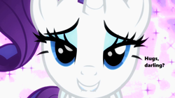 Size: 1280x720 | Tagged: safe, edit, edited screencap, screencap, rarity, pony, unicorn, season 2, secret of my excess, bedroom eyes, bronybait, cute, darling, female, hug, lidded eyes, lip bite, looking at you, mare, raribetes, smiling, solo, sparkly background, text