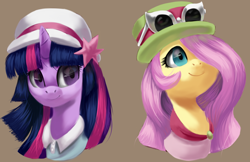 Size: 1696x1101 | Tagged: safe, artist:moonseeker, derpibooru import, fluttershy, twilight sparkle, pegasus, pony, bust, crossover, duo, duo female, female, hair over one eye, hat, pokémon, portrait, sunglasses