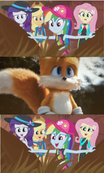 Size: 615x1024 | Tagged: safe, derpibooru import, edit, edited screencap, screencap, applejack, fluttershy, rainbow dash, rarity, fox, aww... baby turtles, better together, equestria girls, awww, cute, miles "tails" prower, reaction, sonic movie 2020, sonic the hedgehog (series), spoilers for another series