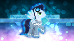 Size: 3840x2160 | Tagged: safe, artist:chainchomp2 edit, artist:game-beatx14, derpibooru import, soarin', pony, rainbow falls, goggles, racing suit, raised hoof, solo, wallpaper