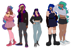 Size: 2582x1768 | Tagged: safe, artist:blacksky1113, oc, oc only, oc:angsty emocore, oc:clausa vera, oc:misanthropy melody, oc:myringa, oc:soprano shadow, human, annoyed, bedroom eyes, belly button, belt, boob window, boots, choker, clothes, coat, commission, converse, dark skin, dress, eyeshadow, female, fishnet stockings, fur coat, gloves, grin, group, half-siblings, heart, hoodie, humanized, humanized oc, jeans, lip piercing, lipstick, makeup, midriff, multicolored hair, nail polish, nose piercing, not cadance, not celestia, not flurry heart, not luna, not twilight sparkle, pants, piercing, shirt, shoes, shorts, siblings, simple background, sisters, skirt, smiling, snake bites, sneakers, socks, spiked choker, spiked wristband, stockings, t-shirt, tattoo, thigh highs, torn clothes, transparent background, unamused, vitiligo, wall of tags, wristband