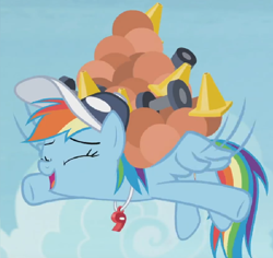 Size: 728x686 | Tagged: safe, derpibooru import, edit, edited screencap, screencap, rainbow dash, pegasus, pony, 2 4 6 greaaat, ball, cap, cone, cropped, cute, dashabetes, dumbbell (object), excited, flying, hat, lifting, medicine ball, solo, traffic cone, whistle