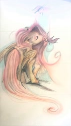 Size: 1024x1820 | Tagged: safe, artist:yurigirl4eva, fluttershy, butterfly, pegasus, pony, eyes closed, solo, traditional art, watermark