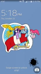 Size: 576x1024 | Tagged: safe, alternate version, artist:lucas_gaxiola, derpibooru import, pinkie pie, rainbow dash, twilight sparkle, unicorn twilight, bird, earth pony, parrot, pegasus, pony, unicorn, blue-and-yellow macaw, camera, clock, female, flying, fourth wall, grin, macaw, mare, phone screen, smiling