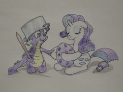 Size: 1600x1200 | Tagged: safe, artist:hillbe, rarity, spike, dragon, pony, unicorn, egg, eyes closed, female, male, pot, pot on head, shipping, sparity, straight, traditional art, wooden sword
