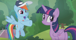 Size: 1366x724 | Tagged: safe, derpibooru import, screencap, rainbow dash, twilight sparkle, twilight sparkle (alicorn), alicorn, pegasus, pony, 2 4 6 greaaat, cap, hat, looking back, outdoors, pointing, whistle