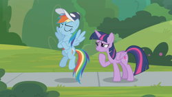 Size: 1362x768 | Tagged: safe, derpibooru import, screencap, rainbow dash, twilight sparkle, twilight sparkle (alicorn), alicorn, pegasus, pony, 2 4 6 greaaat, cap, eyes closed, flying, hat, sidewalk, smug, whistle