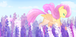 Size: 2050x1000 | Tagged: safe, artist:eiirine, fluttershy, pegasus, pony, color porn, eyes closed, flower, flower field, folded wings, lupin, profile, solo, walking, windswept mane