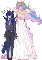 Size: 694x1000 | Tagged: safe, artist:january-joy, princess celestia, princess luna, human, clothes, dress, eared humanization, horned humanization, humanized, rule 63, tailed humanization, winged humanization