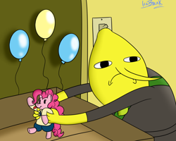 Size: 1500x1200 | Tagged: safe, artist:icebreak23, pinkie pie, earth pony, pony, adventure time, another five more short graybles, balloon, brony, crossover, frown, lemongrab, toy