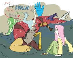 Size: 2500x2000 | Tagged: safe, artist:pikokko, discord, fluttershy, pegasus, pony, cluster gem, crossover, dialogue, gemsona, pearl (steven universe), see-through, sketch, steven universe