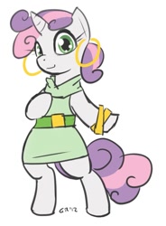 Size: 661x900 | Tagged: safe, artist:moronsonofboron, sweetie belle, pony, bipedal, bracelet, clothes, dress, earring, piercing