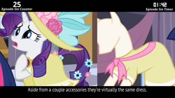 Size: 854x480 | Tagged: safe, derpibooru import, edit, edited screencap, screencap, rarity, twilight sparkle, pony, unicorn, sweet and elite, birthday dress, brooch, cinemare sins, clothes, dress, flower, flower in tail, hat, mannequin