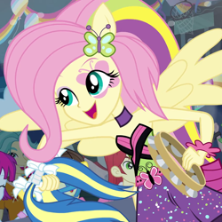 Size: 720x720 | Tagged: safe, screencap, brawly beats, curly winds, fluttershy, mystery mint, nolan north, ringo, sophisticata, equestria girls, rainbow rocks, shake your tail, cute, huggable, musical instrument, offscreen character, ponied up, shyabetes, tambourine