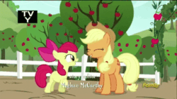 Size: 480x270 | Tagged: safe, screencap, apple bloom, applejack, earth pony, pony, brotherhooves social, animated, applejack's hat, blinking, bow, cowboy hat, cute, discovery family logo, female, hair bow, hat, jackabetes, looking at each other, mare, open mouth, raised hoof, smiling