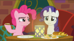 Size: 858x482 | Tagged: safe, screencap, pinkie pie, rarity, pony, unicorn, spice up your life, animated, discovery family logo, food, lip bite, loop, reversed, the tasty treat