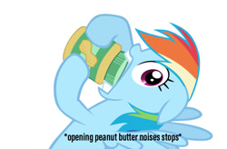 Size: 800x524 | Tagged: safe, derpibooru import, rainbow dash, pegasus, pony, descriptive noise, female, food, jazz music stops, joke, mare, meme, peanut butter, simple background, white background