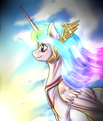 Size: 1702x2000 | Tagged: safe, artist:not-ordinary-pony, princess celestia, alicorn, pony, clothes, cloud, cloudy, female, folded wings, jewelry, mare, regalia, sky, smiling, solo, wings