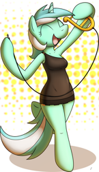 Size: 532x920 | Tagged: safe, artist:tg-0, lyra heartstrings, anthro, unguligrade anthro, unicorn, arm hooves, breasts, colored, electric lyre, eyes closed, female, happy, lyre, smiling