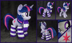 Size: 4283x2547 | Tagged: safe, artist:zizzaz, derpibooru import, twilight sparkle, twilight sparkle (alicorn), alicorn, pony, clothes, cute, female, irl, mare, photo, plushie, scarf, smiling, socks, solo, striped socks