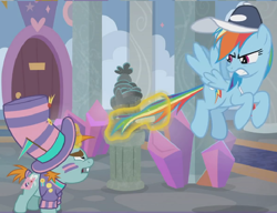 Size: 886x680 | Tagged: safe, derpibooru import, edit, edited screencap, screencap, rainbow dash, snips, pegasus, pony, 2 4 6 greaaat, angry, cap, craft, cropped, face paint, flag, frustrated, hat, pulling, sculpture, tail, tail pull, top hat, whistle