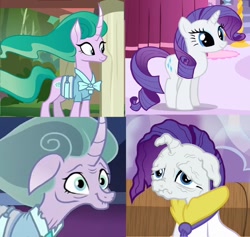 Size: 918x870 | Tagged: safe, screencap, mistmane, rarity, pony, unicorn, applejack's "day" off, campfire tales, shadow play, clothes, comparison, cropped, curved horn, ethereal mane, female, horn, mare, prunity, pruny