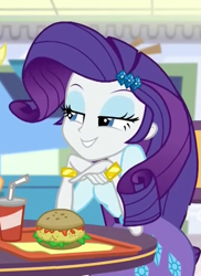 Size: 369x508 | Tagged: safe, screencap, rarity, equestria girls, mirror magic, spoiler:eqg specials, burger, canterlot mall, cropped, cute, drink, female, food, raribetes, smiling