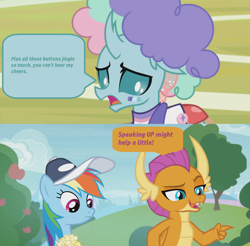 Size: 1364x1342 | Tagged: safe, derpibooru import, edit, edited screencap, screencap, ocellus, rainbow dash, smolder, pegasus, pony, 2 4 6 greaaat, cap, comic, cropped, face paint, food, hat, outdoors, pointing, popcorn, screencap comic, wig