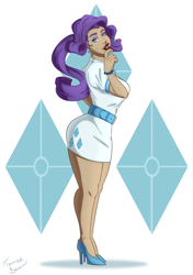 Size: 1024x1452 | Tagged: safe, artist:trophy-sketcher, rarity, human, beauty mark, belt, breasts, clothes, cutie mark background, dress, ear piercing, earring, female, high heels, humanized, jewelry, lipstick, looking at you, piercing, profile, raritits, shoes, solo