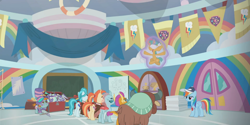 Size: 1366x684 | Tagged: safe, derpibooru import, screencap, lighthoof, ocellus, rainbow dash, shimmy shake, smolder, snails, snips, yona, changedling, changeling, dragon, earth pony, pegasus, pony, unicorn, yak, 2 4 6 greaaat, blindfold, blindfolded, cap, chest, colt, dragoness, face paint, female, flag, gym, hat, levitation, magic, magic aura, male, mare, merchandise, self-levitation, telekinesis, top hat, whistle