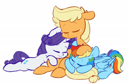 Size: 1920x1277 | Tagged: safe, artist:chub-wub, derpibooru import, applejack, rainbow dash, rarity, earth pony, pegasus, pony, unicorn, backwards cutie mark, cuddle puddle, cuddling, female, lesbian, lying down, mare, missing accessory, polyamory, pony pile, rarijackdash, shipping, simple background, sitting, sleeping, white background