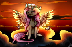 Size: 3000x1966 | Tagged: safe, artist:neutisshow, fluttershy, butterfly, pegasus, pony, blushing, cloud, eyes closed, floppy ears, floral head wreath, solo, spread wings