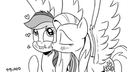 Size: 1200x675 | Tagged: safe, artist:pony-berserker, derpibooru import, fluttershy, rainbow dash, pegasus, pony, pony-berserker's twitter sketches, black and white, female, flutterdash, grayscale, heart, i can't believe it's not idw, kissing, lesbian, lip bite, mare, monochrome, shipping, signature, simple background, spread wings, stippling, white background, wings