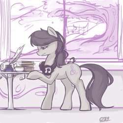Size: 1200x1200 | Tagged: safe, artist:coin-trip39, octavia melody, earth pony, pony, alternate hairstyle, book, cup, headphones, inkwell, interior, ponytail, quill, solo, table, window