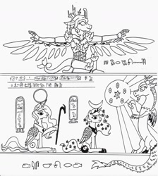Size: 1651x1843 | Tagged: safe, artist:kuroneko, derpibooru exclusive, discord, princess celestia, princess luna, oc, oc:harmony (kuroneko), alicorn, pony, egyptian, elements of harmony, hieroglyphics, hieroglyphs, monochrome, moon, sun, traditional art, wings