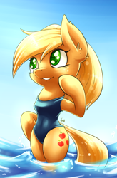 Size: 1262x1920 | Tagged: safe, artist:lovelyneckbeard, applejack, anthro, clothes, one-piece swimsuit, solo, swimsuit, water