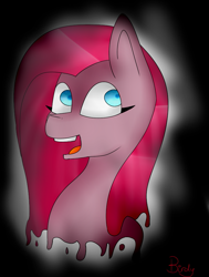 Size: 669x884 | Tagged: safe, artist:birdyboop, pinkie pie, earth pony, pony, big smile, bust, colored pupils, dripping, insanity, pinkamena diane pie, portrait, solo