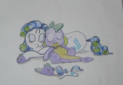 Size: 664x463 | Tagged: safe, artist:hillbe, rarity, spike, dragon, pony, unicorn, clothes, doll, female, hair curlers, male, shipping, sleeping, slippers, sparity, straight, toy, traditional art