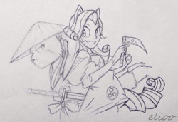 Size: 640x438 | Tagged: safe, artist:elioo, rarity, equestria girls, conical hat, crossover, crossover shipping, female, hat, male, miyamoto usagi, monochrome, ponied up, shipping, straight, traditional art, usagi yojimbo