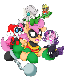 Size: 1685x2021 | Tagged: safe, artist:blackbewhite2k7, fluttershy, pinkie pie, rarity, scootaloo, pegasus, pony, unicorn, age regression, baby, baby pony, ball and chain, batman, catwoman, crossover, crying, harley quinn, parody, poison ivy, robin, teddy bear, vine