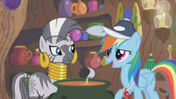 Size: 1366x768 | Tagged: safe, derpibooru import, screencap, rainbow dash, zecora, pegasus, pony, zebra, 2 4 6 greaaat, candle, cap, cauldron, ear piercing, earring, female, hat, jewelry, jug, mare, neck rings, piercing, quadrupedal, shelf, vessel, whistle, zecora's hut